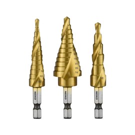 NEIKO 10181A Juego de brocas escalonadas, 3 piezas, ranuradas en espiral para una perforación más rápida, brocas escalonadas para acero inoxidable, metal, madera, plástico, brocas de cono Unibit con