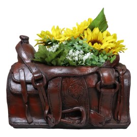 Rustic Western Faux Leather Cowboy Horse Saddle Decorative Planter Or Vase Decor