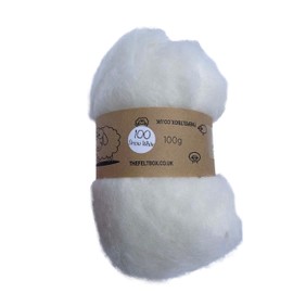 Carded Wool for Felting, Needle Felting Wool, Wool Batt, Craft Wool, Single Shade, 100 Grams 3.5 Oz (White (100))