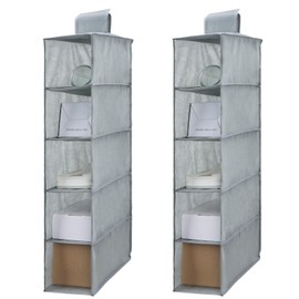 Minnhua Pack of 2 Fabric Hanging Shelves with 5 Compartments, Foldable Hanging Storage, Wardrobe Organiser, Wardrobe Organiser System for Wardrobes at Different Heights (Grey)