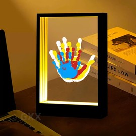CHERRY CHEERS Family Handprint Kit with Light, Handprint Keepsake Frame, Wooden Led Light, Easy Install, No Need Screw etc, Non-Toxic Paints (Black)