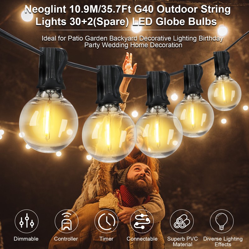 Neoglint 10.9M/35.7Ft G40 Outdoor String Lights 30+2(Spare) LEDs Globe Bulbs