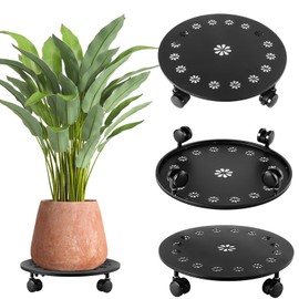 4 Pack Plant Caddy with Wheels 13.5 Inches Metal Plant Stand with Wheels Wrought Iron Rolling Plant Stand Indoor Heavy Duty Plant Dolly Plant Rollers with Wheels Outdoor Planter with Wheels, Black