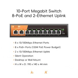 L6AS0F7 10-Port Megabit Ethernet Switch with 8-PoE Ports and 2-Ethernet Uplink(Switch with EU Plug)