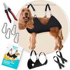Dog Grooming Hammock – Sturdy & Safe Dog Hammock for Grooming with Durable Carabiner Clips & Straps – Soft, Comforting Dog Grooming Harness – Pet Grooming Hammock + Nail Trimmer for Medium sized Dogs