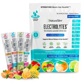 NaturalSlim Electrolytes Powder Packets, Sugar-Free, Hydration & Energy Drink Mix with Prebiotics, Electrolytes for Gut Health, 16 Stick Packs - Variety Pack