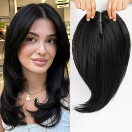 starluck 14 Inch Black Layered Hair Topper with Bangs for Women, Synthetic Hair Toppers Hair Pieces Swiss Base with 3 Clips Toppers for Women with Thinning Hair Grey Hair Hair Loss