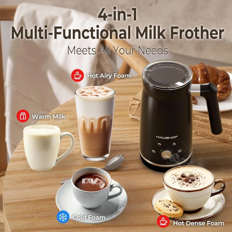 HAUSHOF 4-in-1 Electric Milk Frother Steamers Large Capacity Automatic Warm