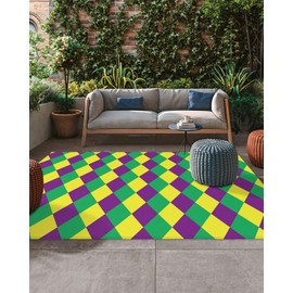 Outdoor Rug 5x8 Ft Patio Rug Mardi Gras Green Yellow Purple Rhombus Washable Area Rugs Absorbent Outdoor Carpet Durable Floor Mat for Patio Front Porch Deck Backyard Balcony Decor
