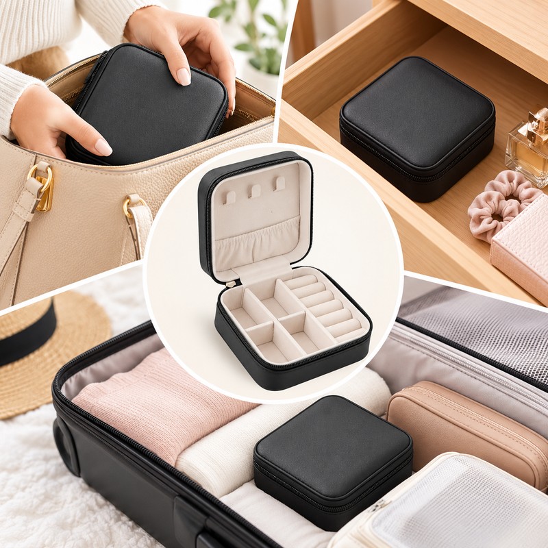 Travel Jewelry Organizer for Rings & Necklaces – Compact Leather