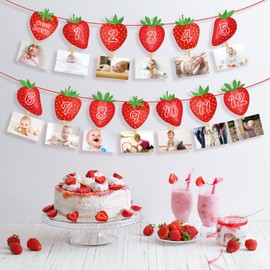 Strawberry Monthly Photo Banner - Sweet Berry 1st Birthday Monthly Banner Baby Girl 12 Month Photo Display Milestone Photograph Bunting Garland for Strawberry First Birthday Party,Baby Shower,Berry First Birthday Party Supplies,Summer Fruit Party Decorat