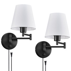 VONLUCE Wall Sconce Set of 2, Plug in & Hardwired Swing Arm Wall Lamps, Adjustable Wall Mounted Lighting Fixtures, Modern Wall Lights with Black Base White Fabric Shade for Bedside, Hallway, Study