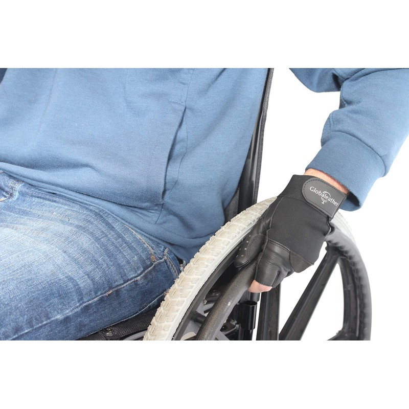Globaleather SureGrip Fingerless Wheelchair Gloves - Black (Medium) - Hardwearing,