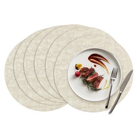 Round Placemats Set of 6, 15 Inch Faux Leather Place mats, Washable Wipeable Non Slip, Heat Resistant Waterproof Vinyl Table Mats for Dining Table, Kitchen, Party, Beige