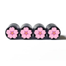 Cherry Blossom Flower Tire Valve Caps - Black Aluminum - Set of Four