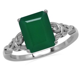 Silvershake 3.29ct. 10X8mm Octagon Natural Emerald Green Agate 925 Sterling Silver Filigree Leaf Solitaire Ring Size 8