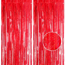 2pcs 3.2 x 8.3ft Glitter Red Tinsel Curtain Foil Fringe Curtain Backdrop Party Streamers Curtain Photo Backdrop Decorations for Birthday School Graduation Hen Christmas Girls Party Decorations