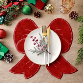 Christmas Bow Placemats Set of 6 Velvet Red Bow Placemats Cute Modern Table Mats Neutral Style for Parties and Christmas Thanksgiving Kitchen Banquet Setting for Dinner Party