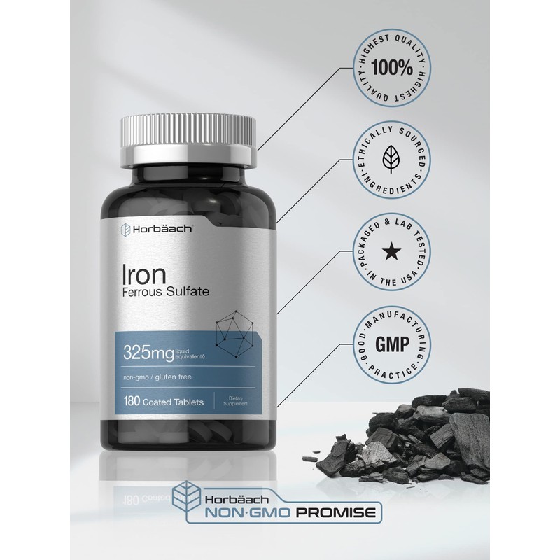Horbäach Iron Ferrous Sulfate 325mg | 180 Count | Vegetarian,