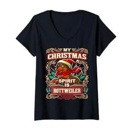 Womens Rottweiler My Christmas Spirit Dog Santa Claus Elf Reindeer V-Neck T-Shirt