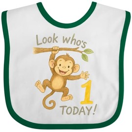 inktastic Look Who's 1 Monkey Birthday Baby Bib White and Green 46b31