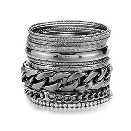 Ensoul Multiple Textured Metal Bracelets & Bangles Set 14Pcs/Set W/Clear Rhinestones, 2 68 inch, Rhinestone Metal