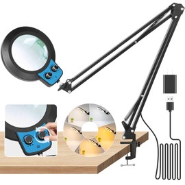 KMDES 12X Magnifying Glass with Light and Stand, Upgraded Any Color Modes & Stepless Dimming Magnifying Lamp with Clamp, Adjustable Long Arm LED Lighted Magnifier for Craft Repair Workbench-Blue