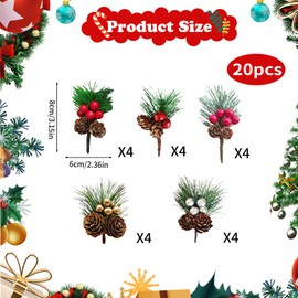 20 Pack Artificial Pine Picks, Christmas Red Berries Pine Cones Stems, Xmas Pines Needles Holly Berry Stems, Small Fake Berries Pine Cones for DIY Xmas Wreaths, Garlands, Centerpieces, Home Vase Decor