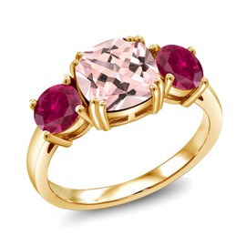 Gem Stone King 18K Yellow Gold Plated Silver Peach Nano Morganite and Red Created Ruby 3 Stone Engagement Ring For Women (4.00 Cttw, Gemstone October Birthstone, Cushion 8MM, Size 9)
