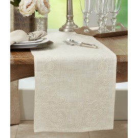 SARO LIFESTYLE Embroidered Swirl Design Linen Blend Table Runner, 16" x 72", Natural
