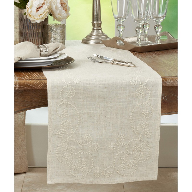 SARO LIFESTYLE Embroidered Swirl Design Linen Blend Table Runner, 16"