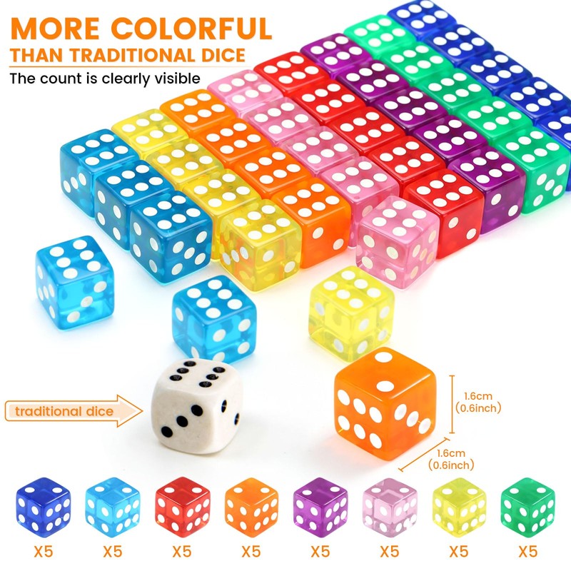 GWHOLE 40 Pieces 6-Sided Game Dice Set, 8 Translucent Colors