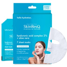 Petal Fresh Pure Skin ResQ Hello Hydration Sheet Mask with Hyaluronic Acid Complex 2% + Aloe Vera, JUMBO 7 Pack, Hydrating Korean Face Mask for Dry & Sensitive Skin, Soothing, Fragrance-Free, Vegan