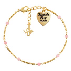 InfinityGemsArt Opal Bracelets For Women October Birthstone Jewelry Micro Pink Beads Crystals and Healing Stones, Heart charm “World’s Best Mom” And “I LOVE U” Charm, 18K Gold Plated Chain 8 inch