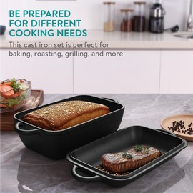 Navaris Cast Iron Dutch Oven Pan Set with Lid, 3.8L, Black - Use as Skillet, Griddle, Pot or Casserole Dish - Baking Pots and Pans for Frying, Roasting, Grilling & Camping Cooking