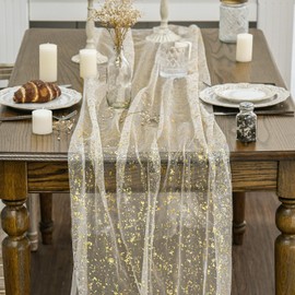 Artoid Mode 3Pcs Beige Gold Gauze Table Runner 120 Inch 10FT, Glitter Metallic Foil Sheer Chiffon Cheesecloth Dining Wedding Anniversary Holiday Birthday Table Decor for Home Party