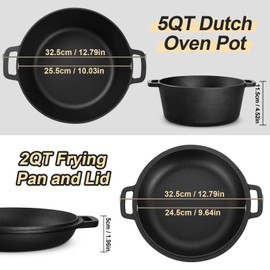 P&P CHEF 5 QT Dutch Oven Pot with Lid, 2 in 1 Pre-Seasoned Cast Iron Round Deep Pot for Baking Cooking Stewing Roasting, Indoor & Outdoor Use, Black