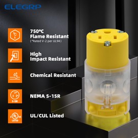 ELEGRP Lighted 15 Amp 125 Volt NEMA 5-15R 2 Pole 3 Wire Grounding Straight Blade Electrical Plug Replacement Cord Outlet Commercial Grade, Yellow, 2 Pack