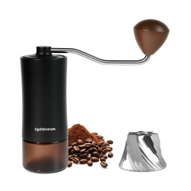 Optistream Portable Manual Coffee Grinder – Effortless 7 CNC420 High-Carbon Steel Burrs, Uniform 20 μm Grind, Full Aluminum Body & Tinted Glass Jar, 25 g capacity for travel (Black)