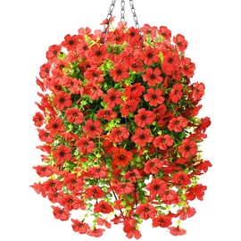 Artificial Fake Hanging Plants Flowers Baskets for Outdoor Outside Spring Decor,Faux Silk Daisy UV Resistant Look Real Summer Decorations for Home Porch Patio Yard Garden(Red