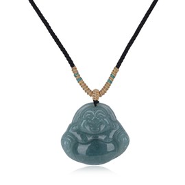 COAI Dark Green Jade Necklace for Women Men, Black Nylon Cord Laughing Buddha Pendant Necklace for Men Women