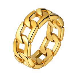 U7 18K Gold Plated 7mm Wide Band Cuban Link Chain Ring, Solid Stainless Steel Band Ring for Men Boys