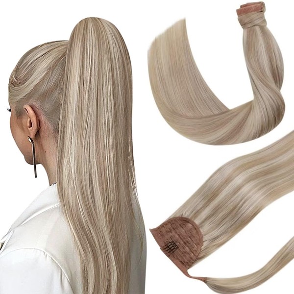 Hetto Extensions Ponytail Real Hair Blonde Highlight Braid Extensions Real Hair Remy Straight Ponytail Real Hair Extensions Ash Blonde with Bleached Blonde #18/613 100 g 19.7 inches