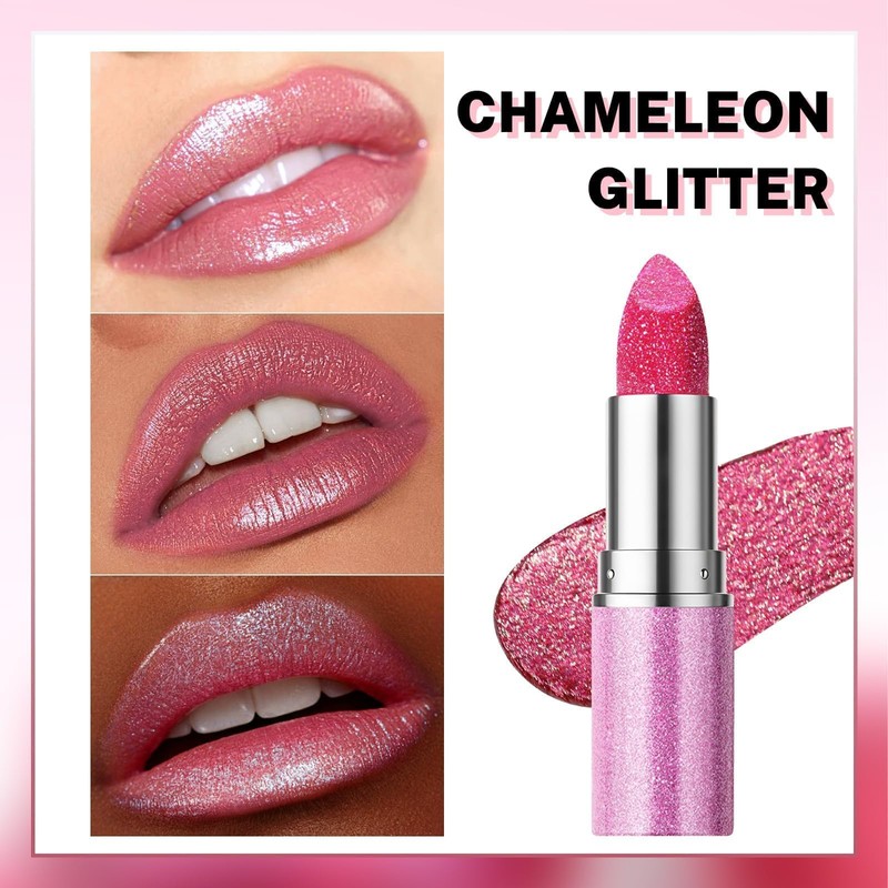 Prreal Sparkling Lipstick Moisturising,Glitter Lipstick Long-Lasting Waterproof,Metallic Not Stick Cup