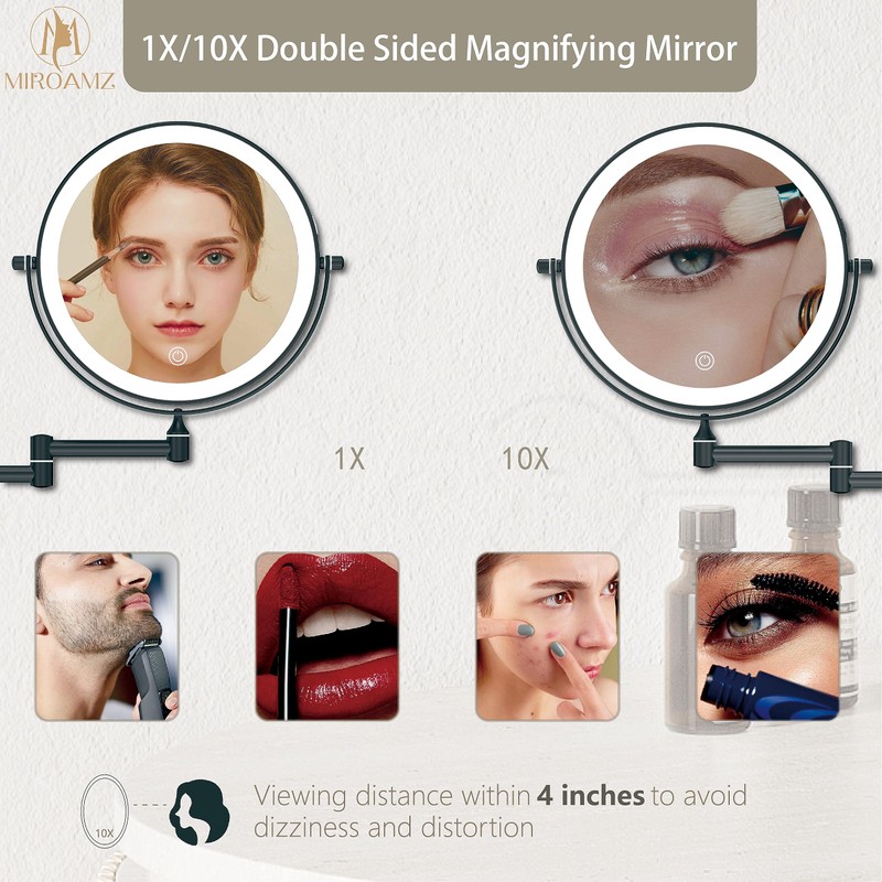 MIROAMZ Rechargeable Wall Mounted Lighted Makeup Vanity Mirror 8 Inch