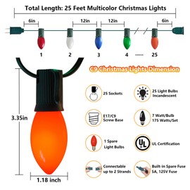 Fonusty C9 Multicolor Christmas Lights Outdoor, 25Ft Vintage Christmas Lights with 25 Multicolor Ceramic Bulb Lights, Outdoor Christmas Lights for Patio Roofline Wedding Party Christmas Decorations