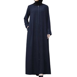 istanbul styles Women's Abaya Lace Applique Long Sleeve Floor Length Zipper Floor Length Turkey Islamic Fashion (navy bule, M)
