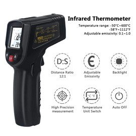 KETOTEK Infrared Thermometer IR Non Contact, Digital Laser Temperature Gun -50℃~600℃ (-58℉~1112℉) Adjustable Emissivity Thermometer Gun for Cooking Pizza Oven BBQ Freezer Fridge