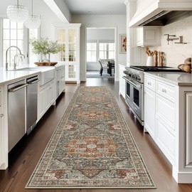 Restydon Runner Rug 2x10, Ultra-Thin Kitchen Rugs Non Slip Washable Rugs for Entryway Rug, Kitchen Runner Low Pile Vintage Soft Carpets for Living Room, Bathroom Bedroom (Grey/Brown/Tan,2'x10')