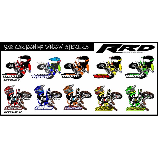 Rusk Racing 9x12 Cartoon mx window stickers ktm honda kawasaki
